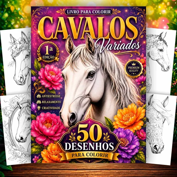 Livro para Colorir Cavalos — 50 Desenhos de Animais para Adultos e Crianças