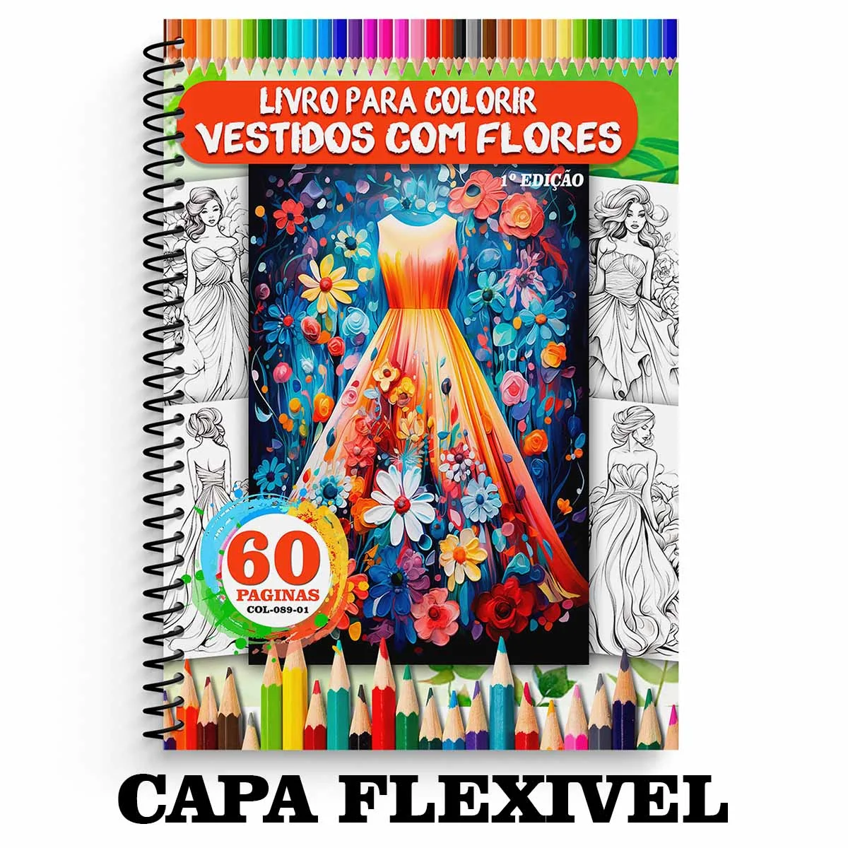 Livro de colorir 60 imagens de vestidos com flores 1 edição COL